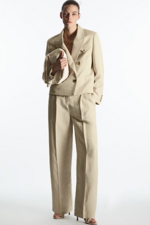 Beige COS Wide-Leg Pleated Linen-Blend Pants Pants | 248076-MAI