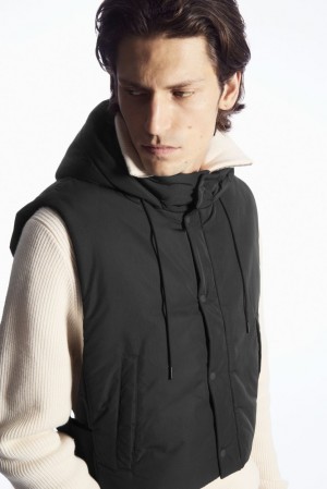 Black COS Buckled-Side Padded Hooded Vest Coats & Jackets | 697103-JVK