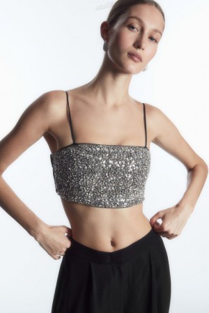 Black COS Crystal-Embellished Bustier Tops | 072615-NOM