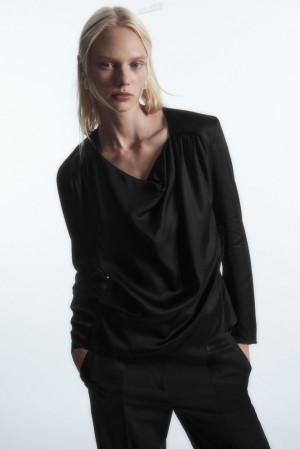 Black COS Draped Cowl-Neck Satin Top Tops | 134502-SFU