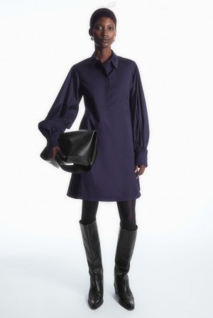 Black COS Gathered-Sleeve Mini Shirt Dress Dresses | 398504-OCR