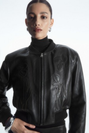 Black COS Oversized AppliquéD Leather Bomber Jacket Coats & Jackets | 376854-BNC