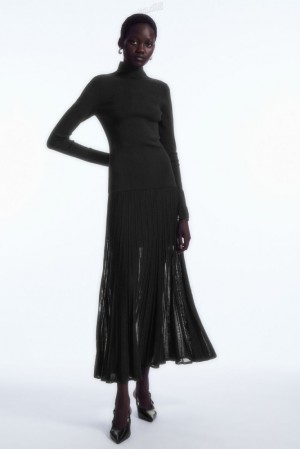 Black COS Pleated Knitted Turtleneck Maxi Dress Dresses | 964835-FMY