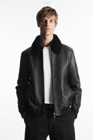 Black COS Shearling-Trimmed Leather Bomber Jacket Coats & Jackets | 910643-ILH