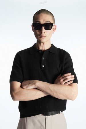 Black COS Textured Knitted Polo Shirt Sweaters & Cardigans | 547698-UYF