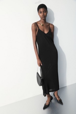 Black COS The Sheer Knitted Slip Dress Dresses | 467132-RBE