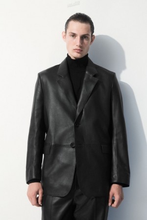 Black COS The Single-Breasted Leather Blazer Coats & Jackets | 951780-SDB