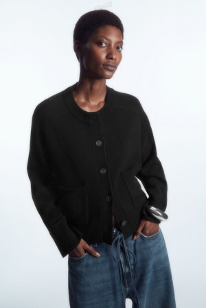 Black COS Wool Crew-Neck Cardigan Sweaters & Cardigans | 086357-BLQ