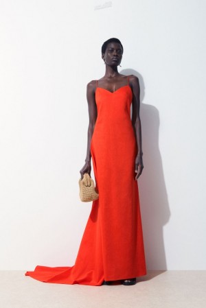 Bright Orange COS The V-Neck Linen Maxi Dress Dresses | 403625-VIF