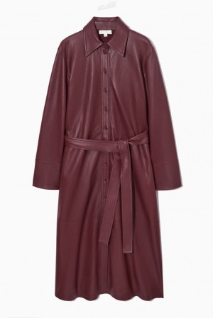 Burgundy COS Belted Leather Midi Shirt Dress Dresses | 094523-QUO