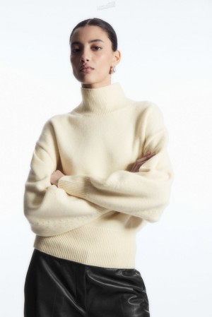 Cream COS Funnel-Neck Waisted Wool Sweater Sweaters & Cardigans | 179854-INW