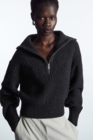 Dark Gray Melange COS Half-Zip Funnel-Neck Wool Sweater Sweaters & Cardigans | 860594-ARB