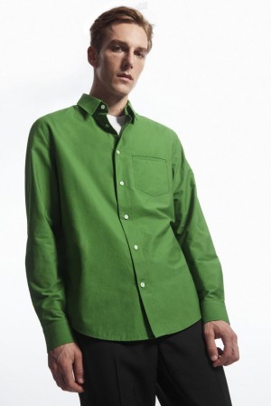 Green COS Topstitched Poplin Shirt Shirts | 950672-VOU