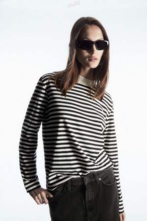 Green / Striped COS Long-Sleeved Mock-Neck T-Shirt T-shirts | 712456-LWO