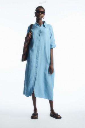 Light Blue COS Belted Linen Shirt Dress Dresses | 210836-GLX