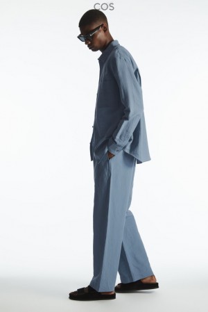 Light Blue COS Straight-Leg Textured Linen Trousers Trousers | 812369-SXU