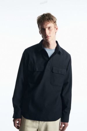 Navy COS Half-Placket Utility Overshirt Shirts | 569301-IQR