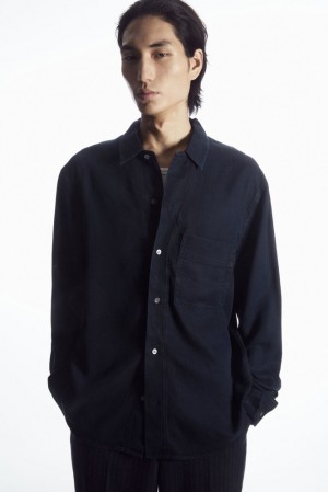 Navy COS Lightweight Denim Shirt Shirts | 651480-EGD