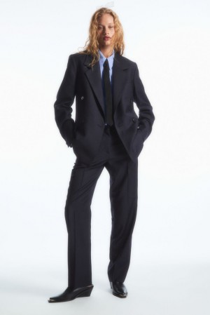 Navy COS Low-Rise Tailored Wool Trousers Pants | 809713-NIW