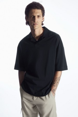 Navy COS Oversized Open-Collar Polo-Shirt T-shirts | 548107-XTH