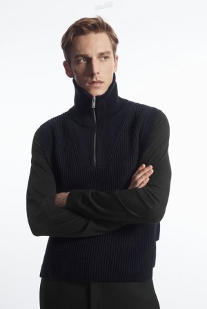 Navy COS Ribbed-Knit Half-Zip Tank Tops | 016584-ACZ