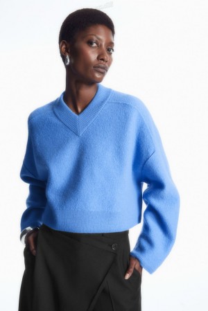 Sky Blue COS Cropped V-Neck Wool Sweater Sweaters & Cardigans | 613052-WNB