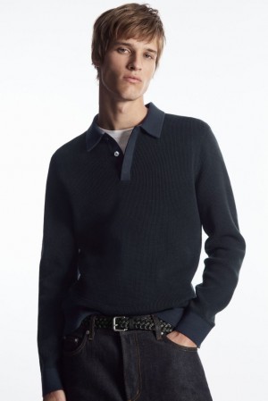 Stone COS Contrast-Trim Waffle-Knit Polo Shirt Knitwear | 095183-PUB