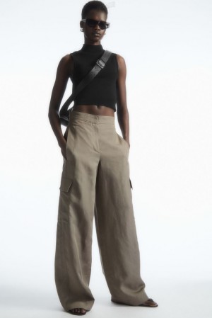 Stone COS Wide-Leg Linen-Blend Cargo Pants Pants | 509237-JZE