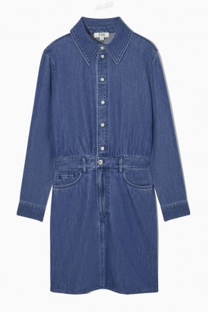 Washed Blue COS Structured Denim Shirt Dress Dresses | 138672-CFI