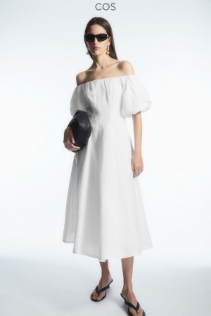 White COS Off-The-Shoulder Puff-Sleeve Midi Dress Dresses | 653247-JZR