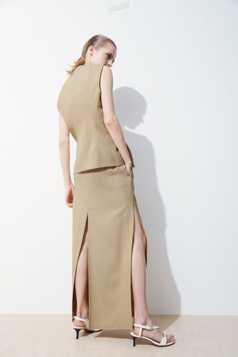 Beige COS The High-Slit Maxi Pencil Skirt Skirts | 073984-CEJ