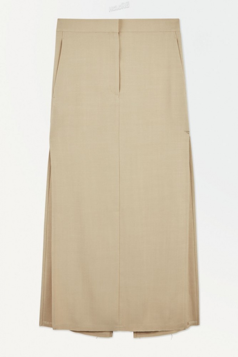 Beige COS The High-Slit Maxi Pencil Skirt Skirts | 073984-CEJ