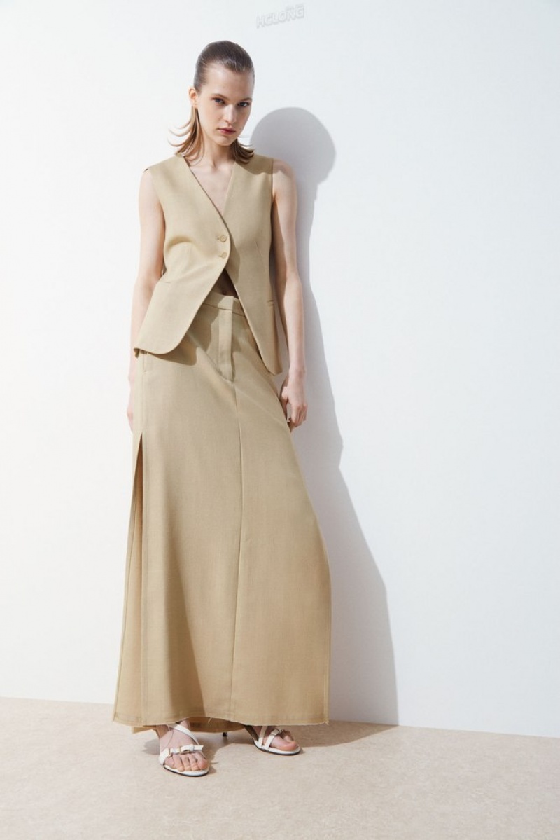 Beige COS The High-Slit Maxi Pencil Skirt Skirts | 073984-CEJ