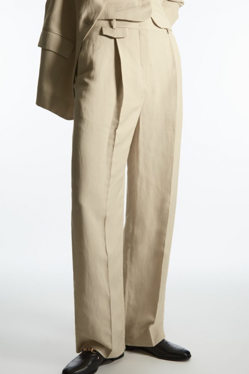 Beige COS Wide-Leg Pleated Linen-Blend Pants Pants | 248076-MAI