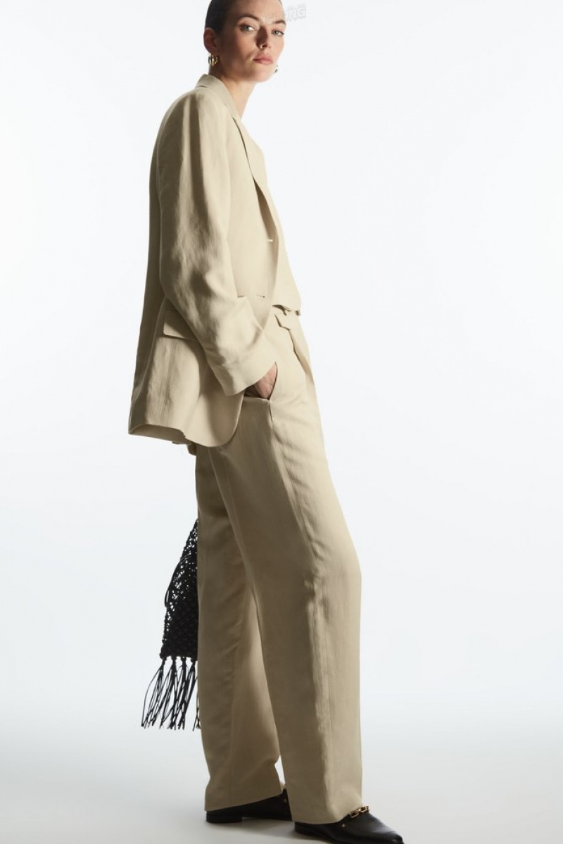 Beige COS Wide-Leg Pleated Linen-Blend Pants Pants | 248076-MAI