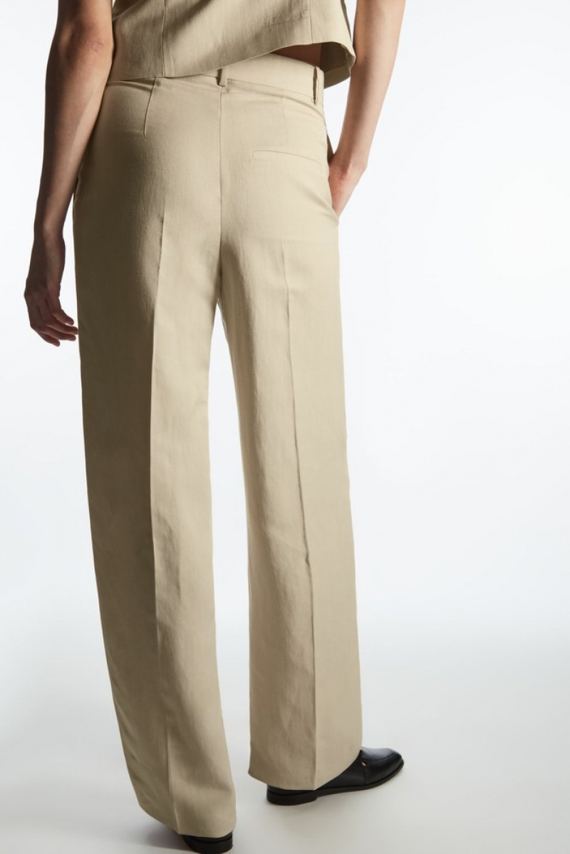 Beige COS Wide-Leg Pleated Linen-Blend Pants Pants | 248076-MAI