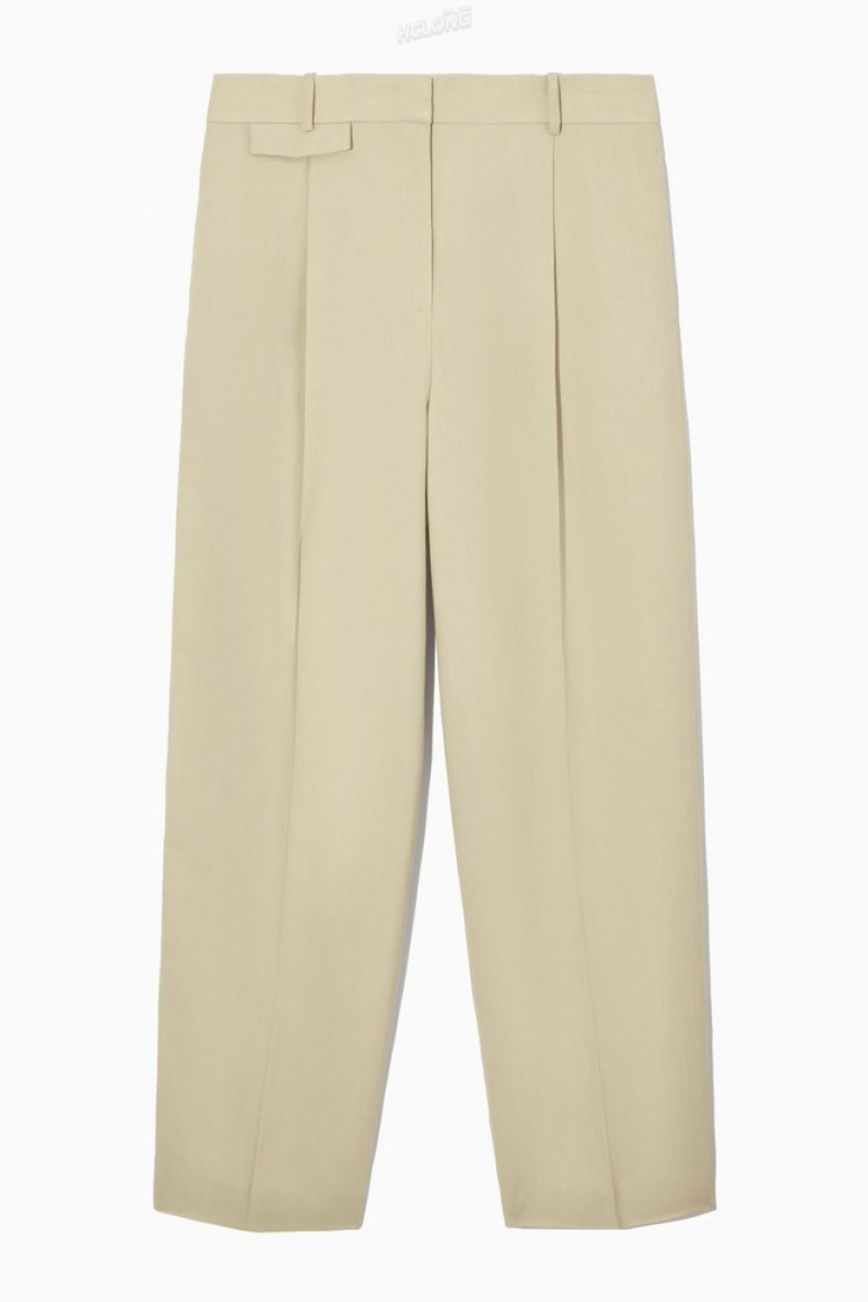 Beige COS Wide-Leg Pleated Linen-Blend Pants Pants | 248076-MAI