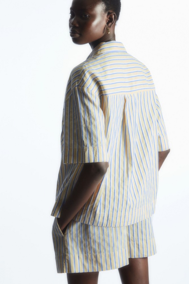 Beige / Blue / Striped COS Striped Linen-Blend Camp-Collar Shirt Tops | 029751-HMT