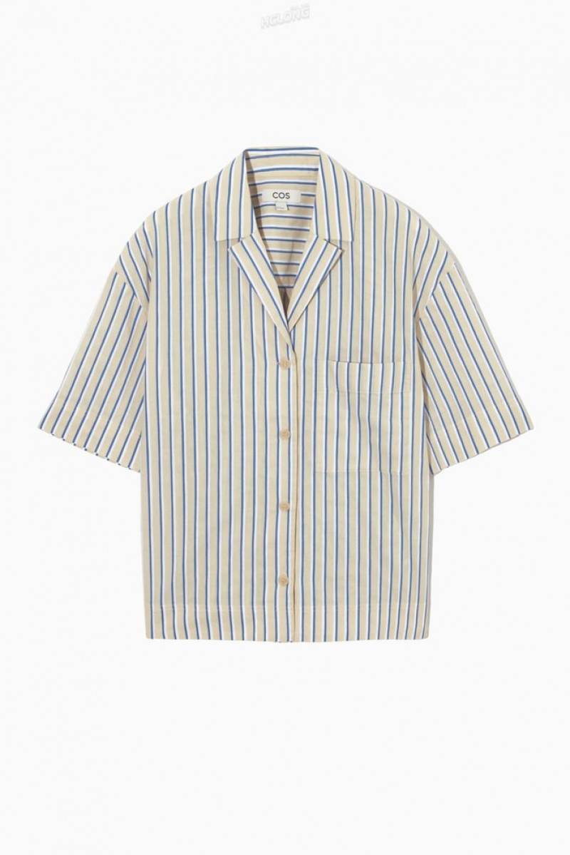 Beige / Blue / Striped COS Striped Linen-Blend Camp-Collar Shirt Tops | 029751-HMT