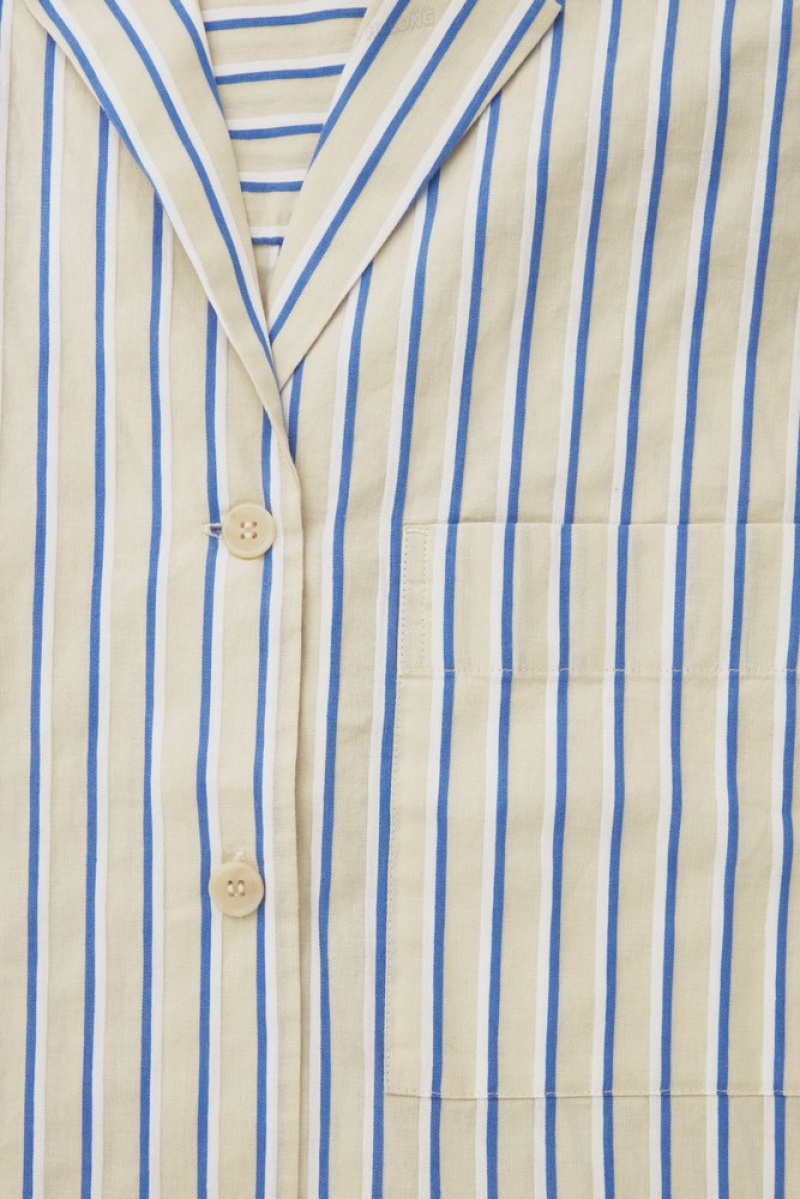 Beige / Blue / Striped COS Striped Linen-Blend Camp-Collar Shirt Tops | 029751-HMT