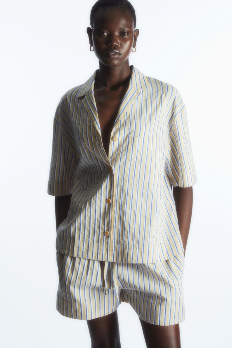 Beige / Blue / Striped COS Striped Linen-Blend Camp-Collar Shirt Tops | 029751-HMT