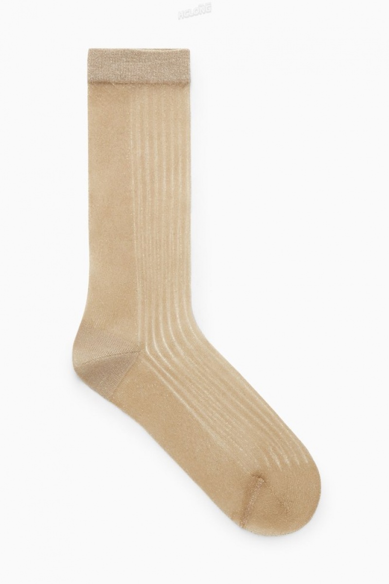 Beige / Gold COS Ribbed Sheer Socks Socks | 792051-OME