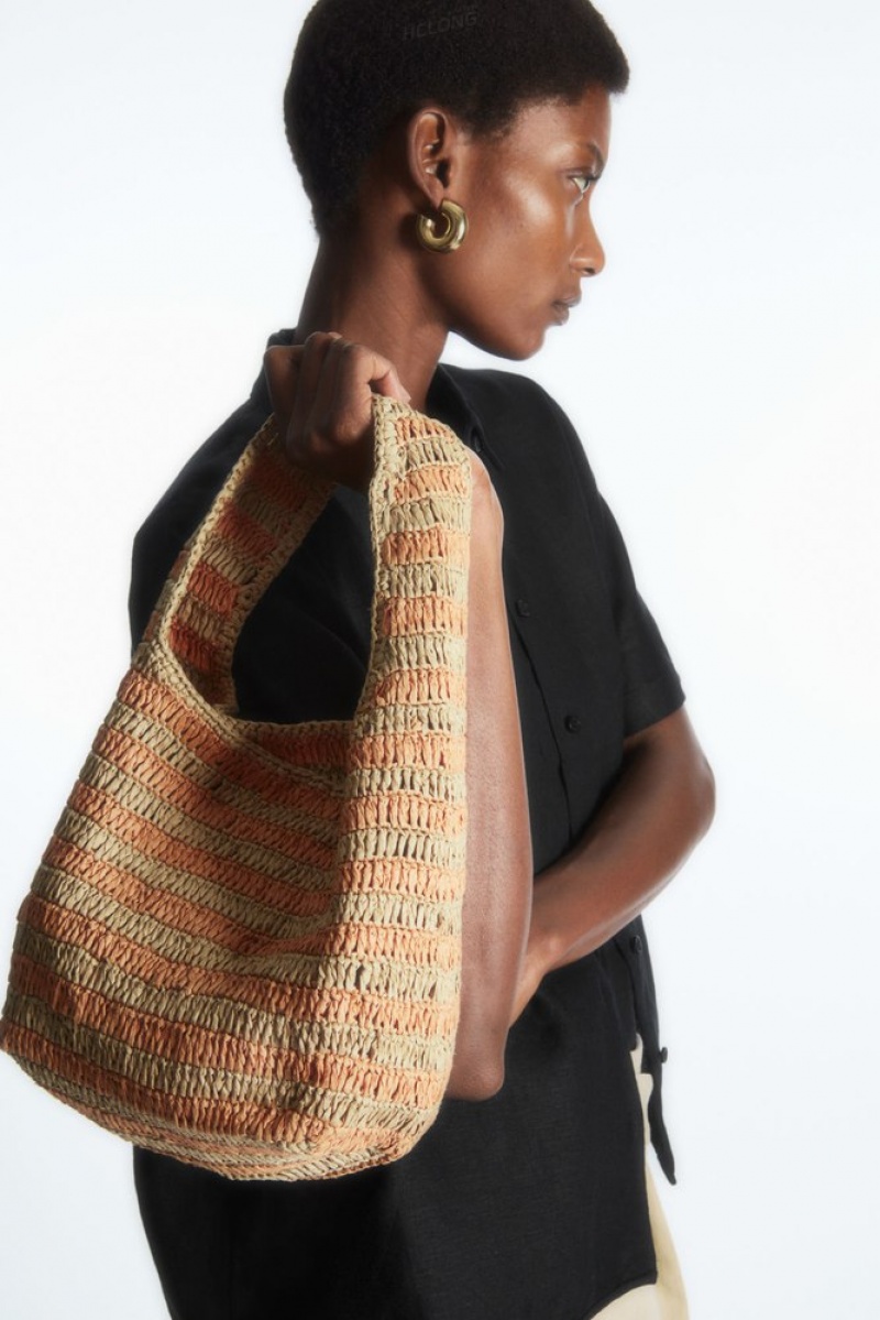 Beige / Orange / Striped COS Mini Raffia Shoulder Bag Bags | 658142-HMZ