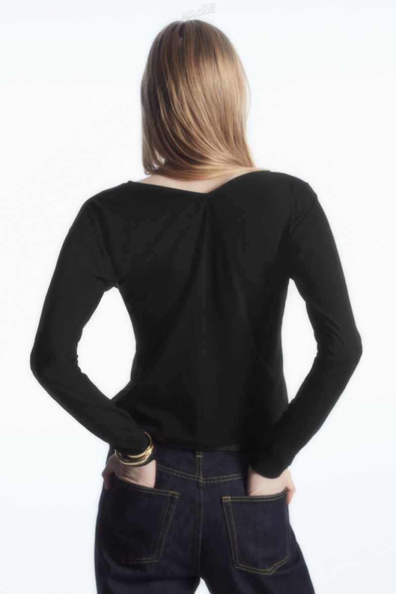 Black COS Angled V-Neck Top Tops | 457210-YWU