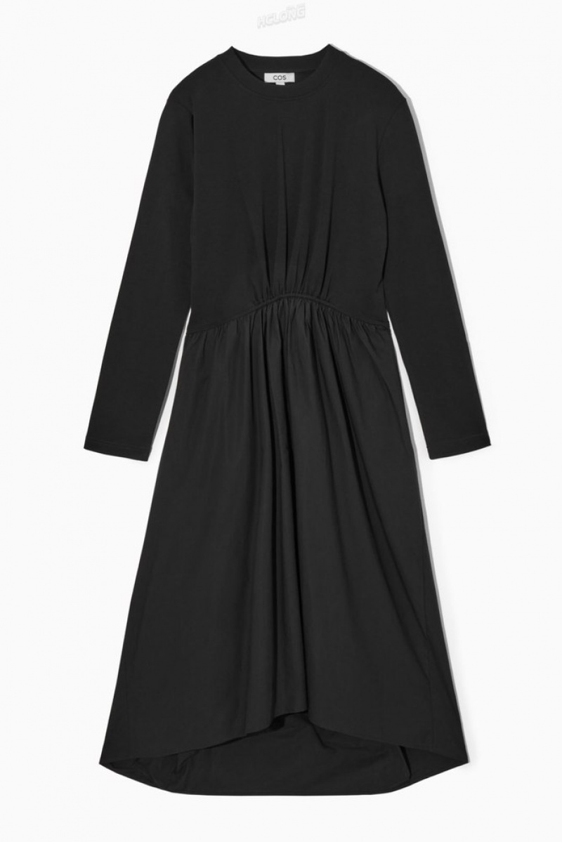 Black COS Asymmetric Gathered-Waist Midi Dress Dresses | 324970-OUJ