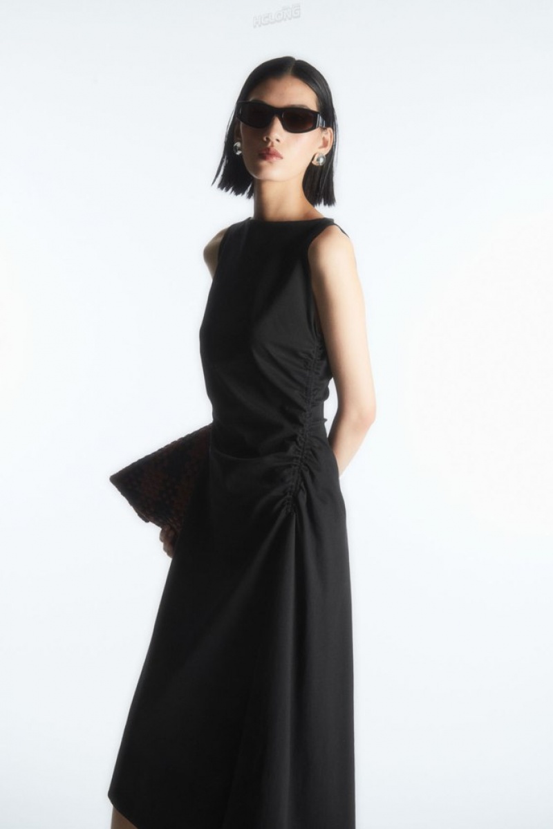 Black COS Asymmetric Gathered Midi Dress Dresses | 874295-YBW