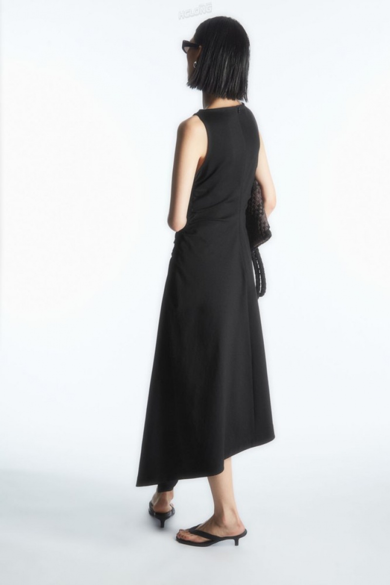 Black COS Asymmetric Gathered Midi Dress Dresses | 874295-YBW