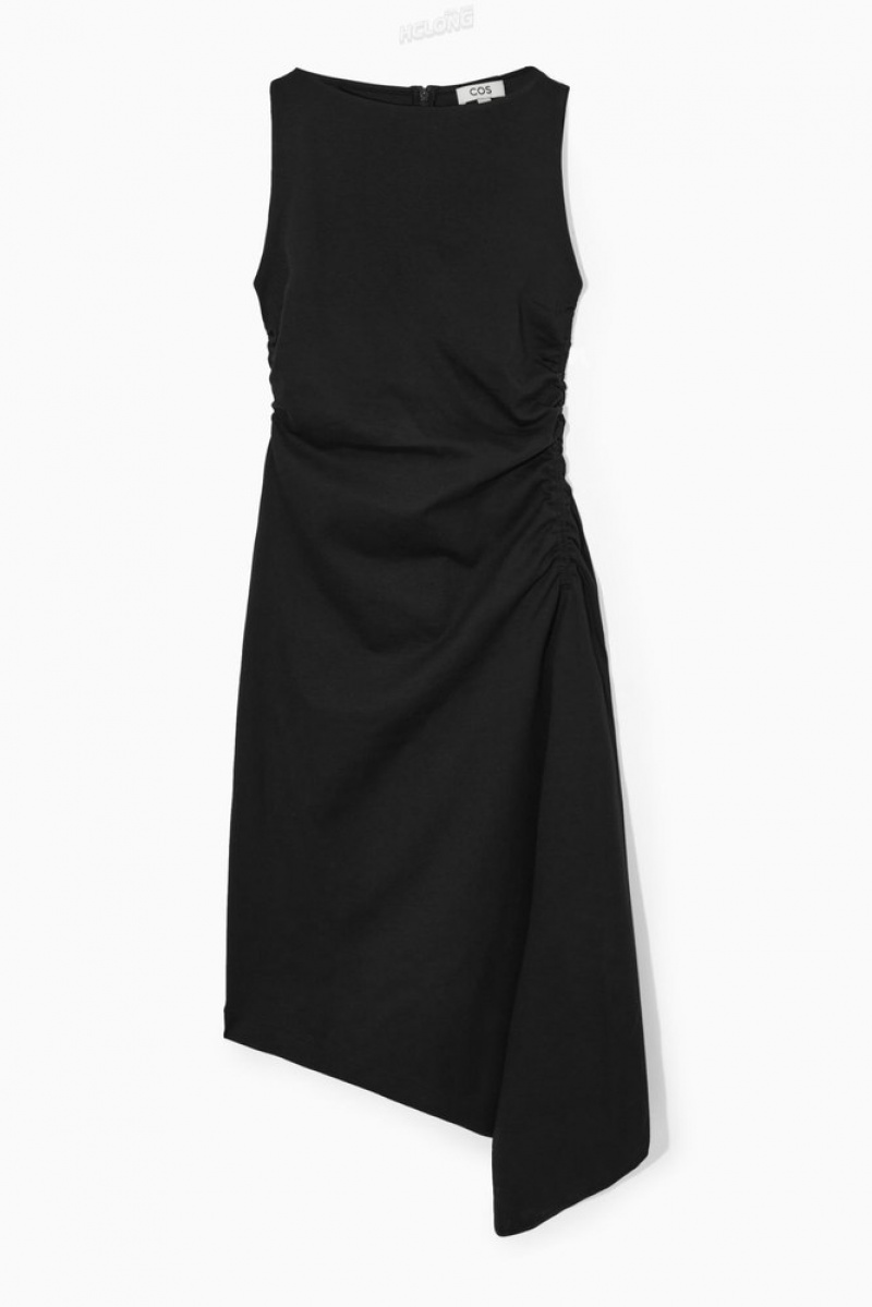 Black COS Asymmetric Gathered Midi Dress Dresses | 874295-YBW