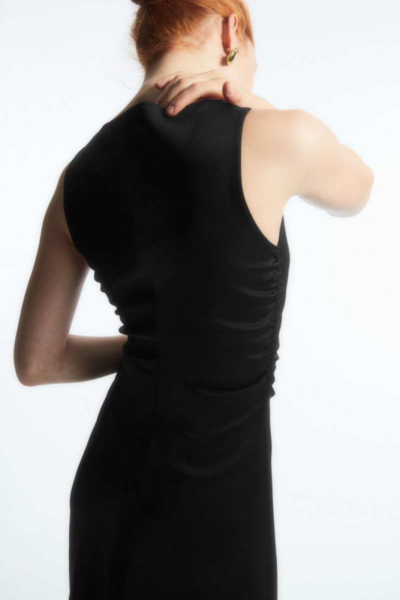 Black COS Asymmetric Gathered Satin Midi Dress Dresses | 409571-BHL