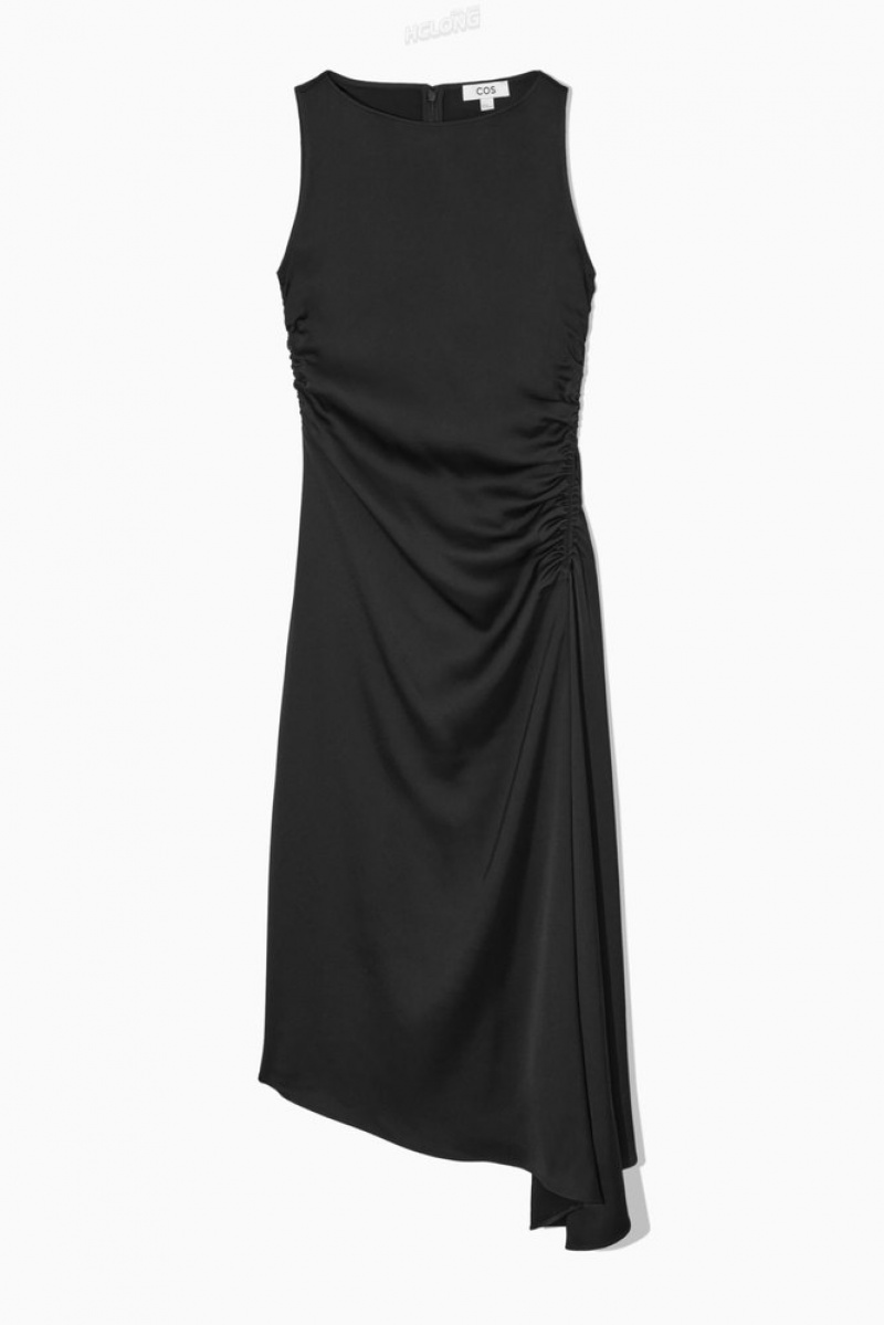 Black COS Asymmetric Gathered Satin Midi Dress Dresses | 409571-BHL